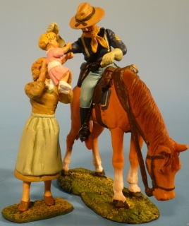 Kavallerist verabschiedet sicht von Frau und Kind